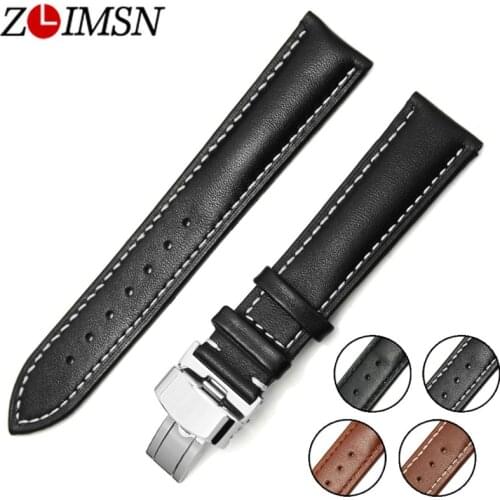 ZLIMSN Soft Genuine Leather Watch Band Butterfly Deployment Buckle Black Brown Watch Strap 18 20 22 23 24mm Watches Accessories