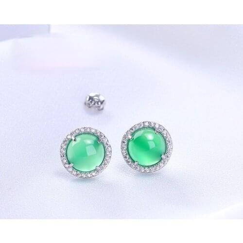 S925 pure silver chalcedony stud earrings earrings gems circular chrysoprase stud earrings earrings female accessories
