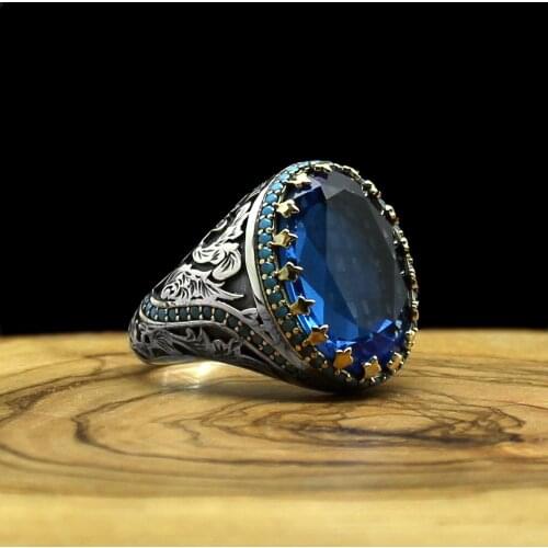 Pukka Real 925 Sterling Silver Natural Aquamarine Stone Ring For Men Zircon Onyx Aqeq Jewelry Fashion Vintage Gift Accessory