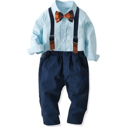 Spring Kids Clothes Childrens New Suit Fashion Long Sleeve Blue Cotton Shirt Stretch Suspenders Tie Three Piece Suit
