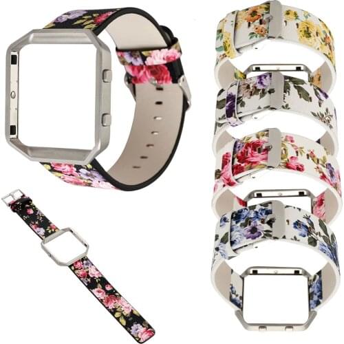 High Quality 23mm Floral Leather Strap Replacement Watch Band For Fitbit Blaze Band Bracelet with Silver Metal Frame