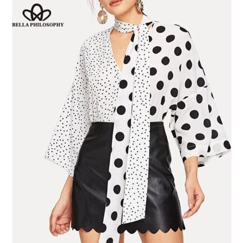 Bella Philosophy Spring Women New V-neck Polka Dot Blouse Casual Asymmetric Splicing Shirts Vintage Patchwork Lady Tops 2019
