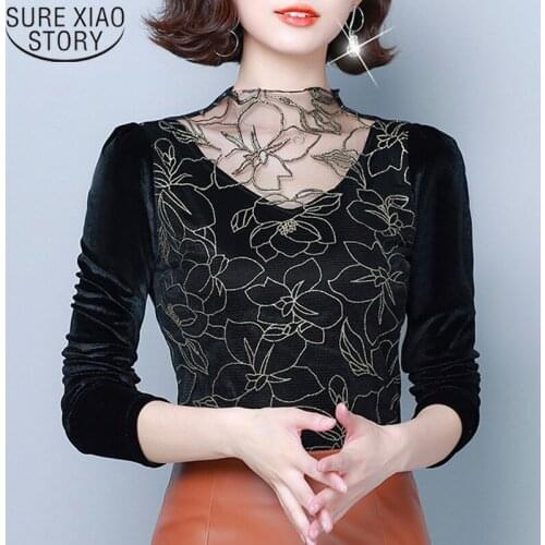 2021 Fashion New Autumn Winter Long Sleeve Mesh Lace Sexy Solid Shirts Women Splicing Floral Turtleneck Women Blouses 7693 50