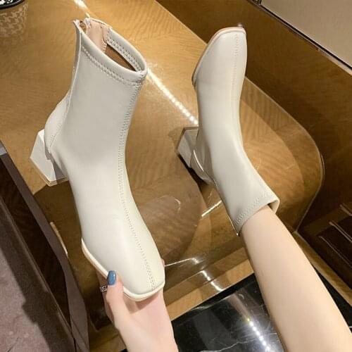 2020 New Fashion Square Toe Short Boots Women Autumn Winter Short Tube Martin Boots Warm Soft Beige Brand Design Shoes Female