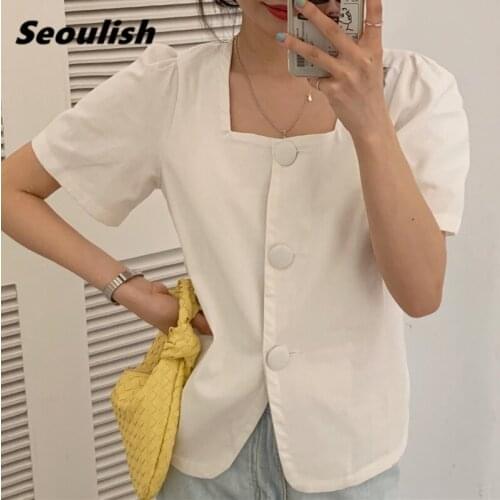 Seoulish Summer New 2021 Cotton Linen White Women Blazers Single Breasted Female Jacket Short Outerwear Square Collar Chic Tops