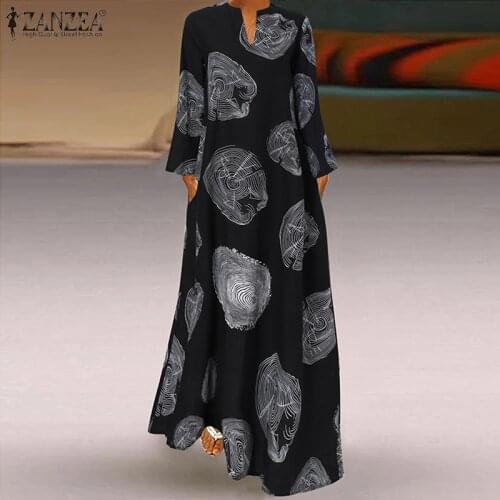 Women Vintage Sundress Spring V neck Long Sleeve Kaftan Dress ZANZEA Retro Printed Maxi Long Vestidos Casual Loose Dresses Robe