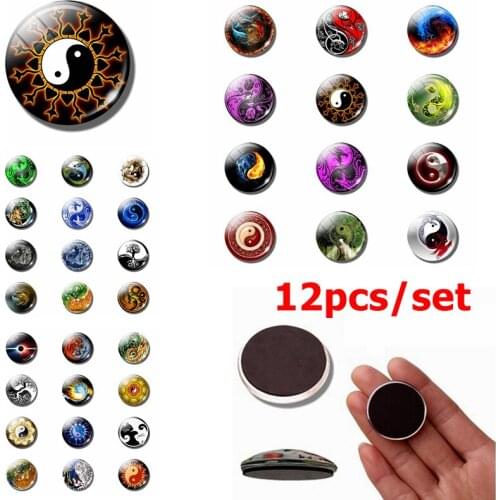 12PCS Yin Yang Eight Diagrams Fridge Magnet Black and White Tai Chi Glass Dome Message Board Sticker Features Kitchen Home Decor