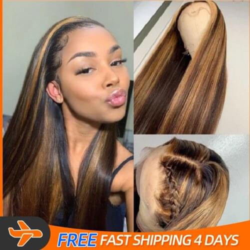 Highlighted Lace Frontal Wig High Density 200 Blonde Highlight Wig 100% Real Human Hair 13x4x1 Remy Pre Plucked Natural Hair