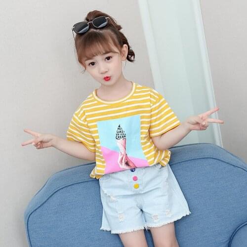2020 girl kids Summer shirts+denim shorts clothing set striped printed tees Fashion casual 2pcs suits clothes
