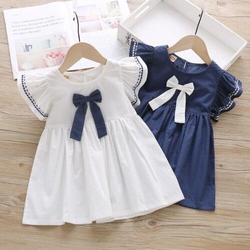 2020 Summer Girls College Style Dress Cotton Petal Sleeve Dresses 2-8 Yrs Little Girls Princess Dress Kids Cute White Bow Frocks