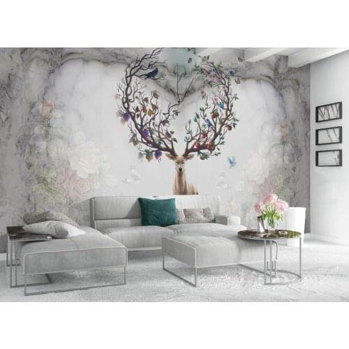 Custom large Nordic retro moose heart marble background 3D mural wallpaper