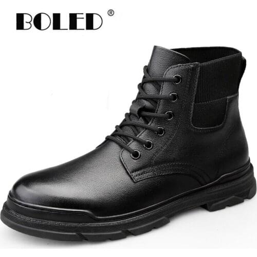 Natural Leather Boots Men Handmade Lace Up Ankle Snow Boots Shoes Vintage Outdoor Plush Warm Autumn Winter Shoes