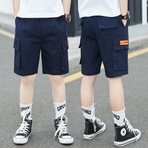 2021 Summer New Casual Street Corner Boy Pants Appliques Button Elastic Waist Thin Cotton Cargo Pants Boy Knee Length Kids Pants