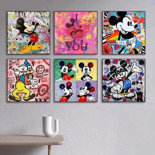 Disney Graffiti Cartoon Mickey Mouse Canvas Painting Posters Prints Wall Graffiti Pop Art Pictures for Living Room Decor Cuadros