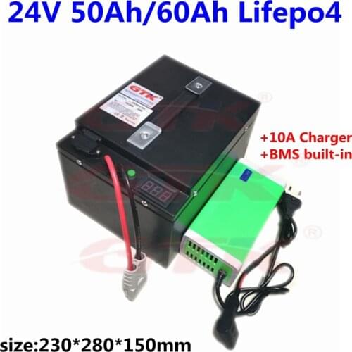 GTK 24v 50ah 60ah Lifepo4 battery with BMS for 1200w scooter fishing lamp EV inverter solar + 10A Charger