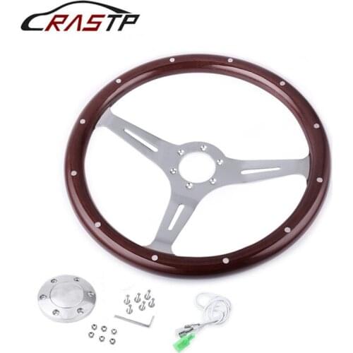 15inch 380mm Steering Wheel Classic Sport Wooden Grain Silver Brushed Spoke Chrome Steering Wheel With Horn Button RS-STW015-B