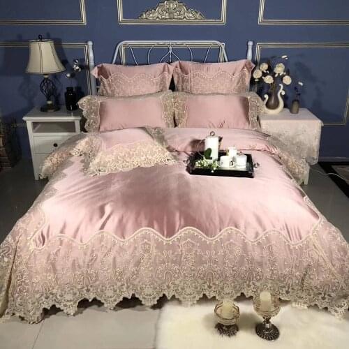 Noble 80S Egyptian cotton Tencel Silky Embroidered Bedding sets Queen King Luxury Lace Edge Duvet cover Bed sheet set 4pc purple