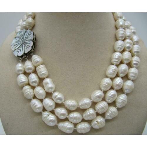 BEAUTIFUL 3 ROW 9-10MM NATURAL WHITE SOUTH SEA BAROQUE PEARL NECKLACE 17-19 INCH