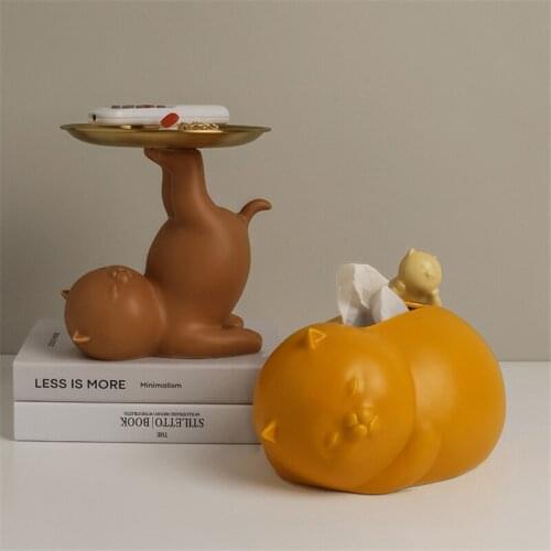 Creative cute cat ornaments Home living room key storage tray Decorative household tabletop tissue box Snack tray Fruit plate