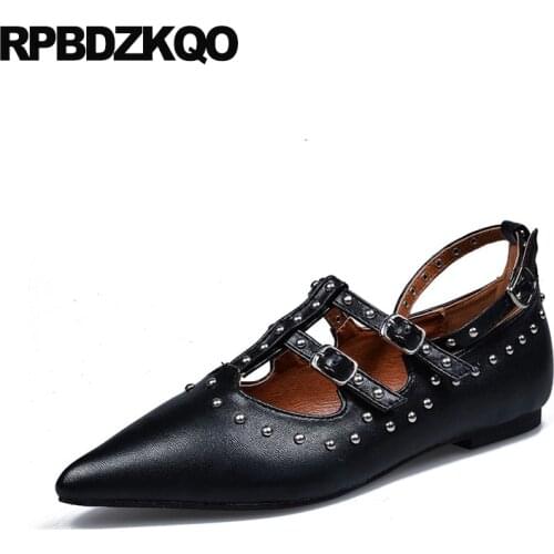 Brand Rivet Ladies Black Metal Flats Italian Runway Stud Designer Shoes Women Luxury 2018 Ankle Strap Pointed Toe Red T Belts