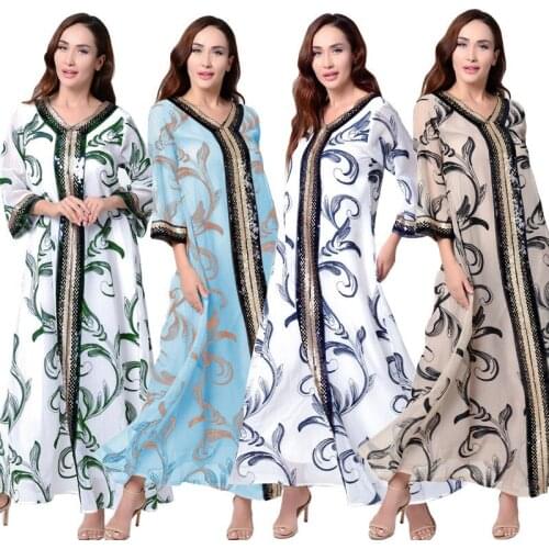 Fashion Muslim Women Abaya Sequins Long Maxi Dress Dubai Kaftan Turkish Caftan Embroidery Jilbab Jalabiya Islamic Clothing Abaya