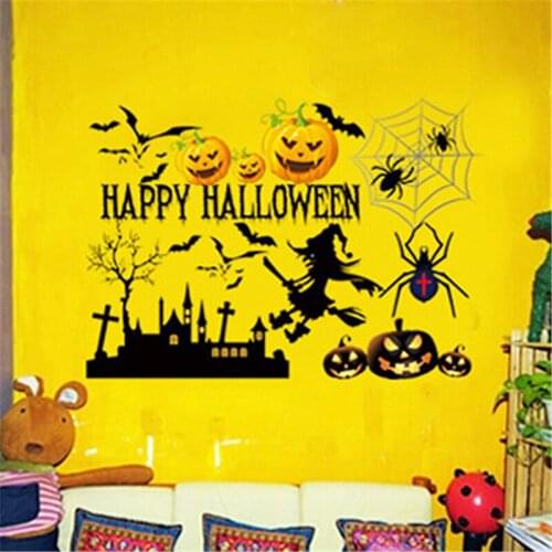 Cartoon Witch Pumpkin Bat Happy Halloween Wall Stickers For Shop Home Decoration Window Decals Festival Wall Mural Art Posters
