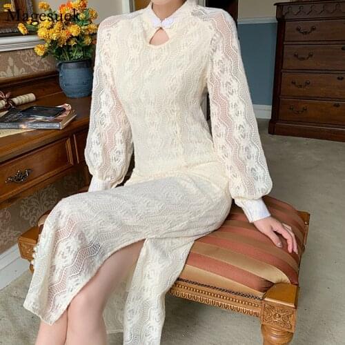 New Spring Elegant Lace Dress Women Cheongsam Split Dresses for Women Party Puff Sleeve Vintage Long Dress Female Vestidos 12764