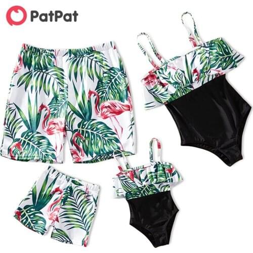 PatPat 2021 New Summer Family Look Flamingo Plant Print Ruffle Off-shoulder One-piece Matching Swimsuits