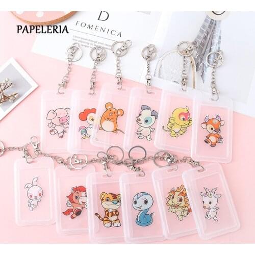 Zodiac Transparent Card Cover with Keyring Chain Card Bag Bank Credit Plastic Cartoon Student ID Bus Card Pass Holder