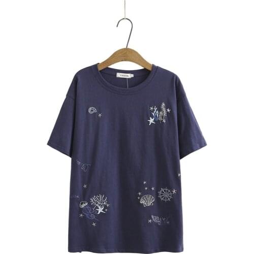 Plus Size Womens Navy Blue Pink Tshirts Short Sleeve Summer Tops Vintage Floral Embroidery Tee