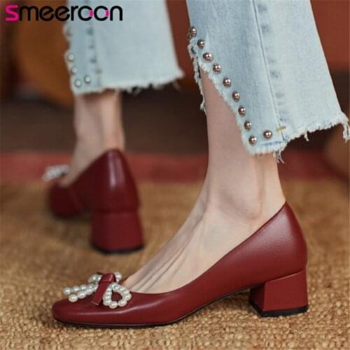 Smeeroon 2021 Newest Genuine Leather Shoes Women Pumps Square Toe Pearl Bowknot Elegant Party Wedding Shoes Ladies Wine Red