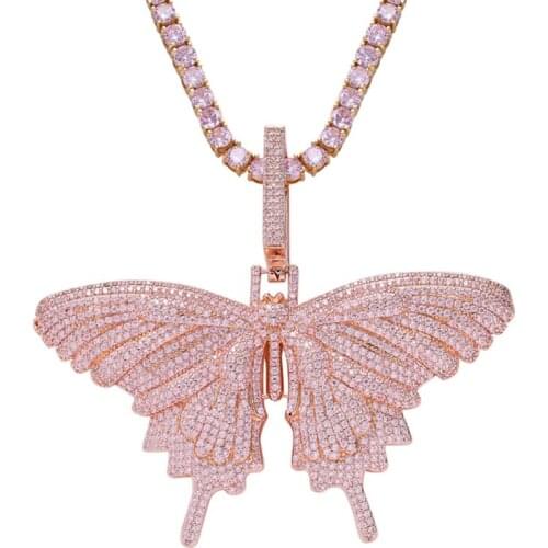 Rhinestone Men Necklace Ice Out Cubic Zircon Rose Gold Butterfly Pendant Charm Chain Women Jewelry