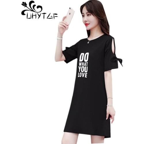 UHYTGF Womens t-shirt 2020 fashion letters off shoulder O neck pullover summer t shirts dress elegant Female plus size tops 929