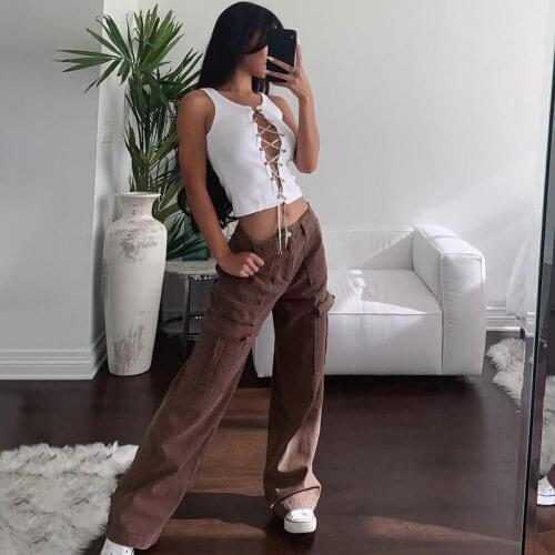Vintage Streetwear Women Jeans Pants Y2k Fashion Straight Patchwork Pocket Cargo Pants Solid Denim Trousers pantalones de mujer