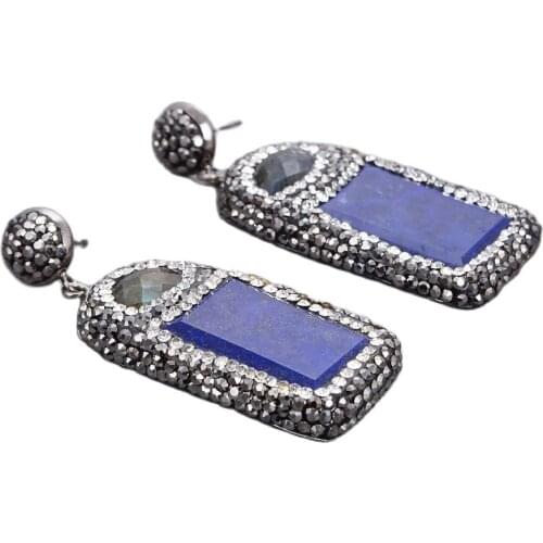 JK Natural Rectangle Blue Lapis Labradorite Black Macarsite Dangle Earrings