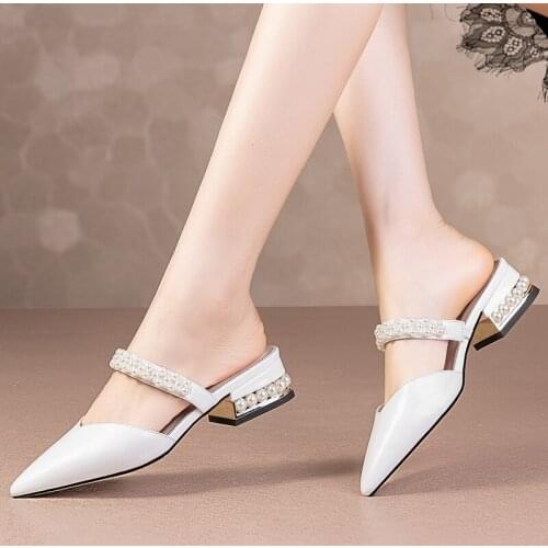 QZYERAI Brand Summer Women Fashion Slippers Pearl Shoes Genuine Leather Cowhide Sandals Platform Slippers