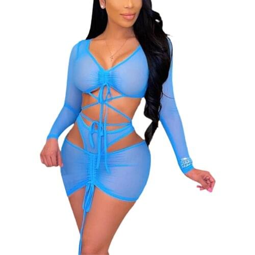 Women Perspective Two-piece Suit, Long Sleeves + Skirt, Adjustable Bandage Sexy Style Summer Clothing