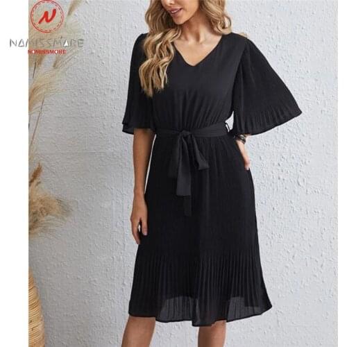 Women Summer Solid Color Chiffon A-Line Dress Patchwork Design Bandage Decor V-Neck Half Flare Sleeve High Waist Slim Dress