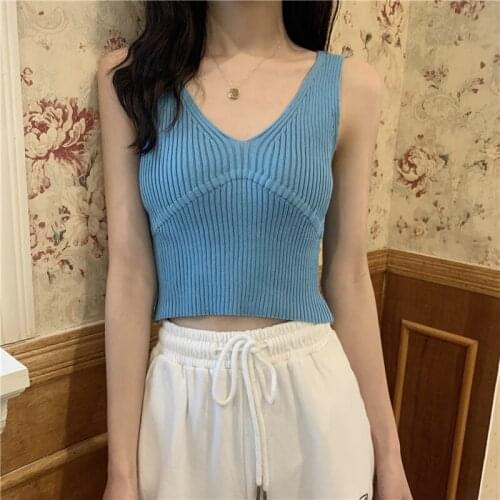 Summer Knitting Vest Sleeveless V-Neck Cropped Tank Tops Slim Fit Casual Sexy T-Shirts 5 Colors Vintage Striped Elegant 2021