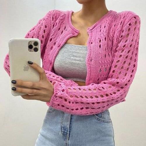 Zoki Chic Women Cardigan Sweater Korean Hollow Out Chic Long Sleeve Corrped Casual Long Sleeve Knitted Short Coat New 2021 Top