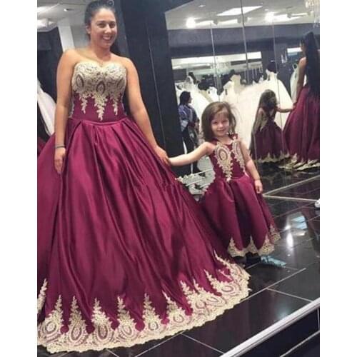 Golden Lace Applique Wine Red Mother Daugher Matching Dresses Mom And Girls Celebration Birthday Photography Dresses Gown Custom