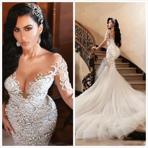2019 Luxurious Sexy Arabic Wedding Dresses Mermaid Beading Embroidery Bridal Dresses Sheer Neck Long Sleeves Wedding Gowns ZJ194