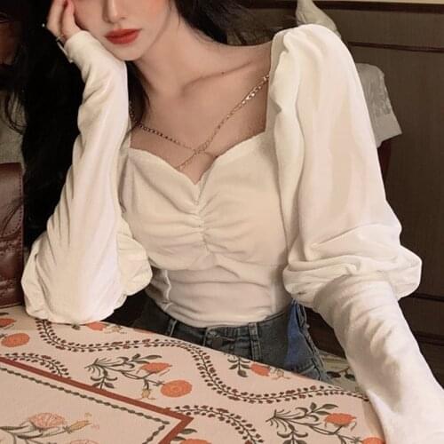 2021 Summer France Velvet Vintage Blouses Women Puff Sleeve Solid Y2k Tops Famales Chiffon Fashion Clothing Elegant Korea Style