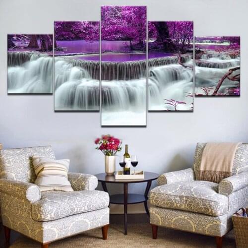 5Panel HD Printed The purple forest with waterfall Landscape Print On Canvas Art Painting For home livingroom decoration