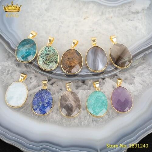 5pcs Natural Smoky Color Quartz Crystal Oval Beads Pendant For Necklace Making,Gold Color Slab Opal Onyx Stone Charms Jewelry
