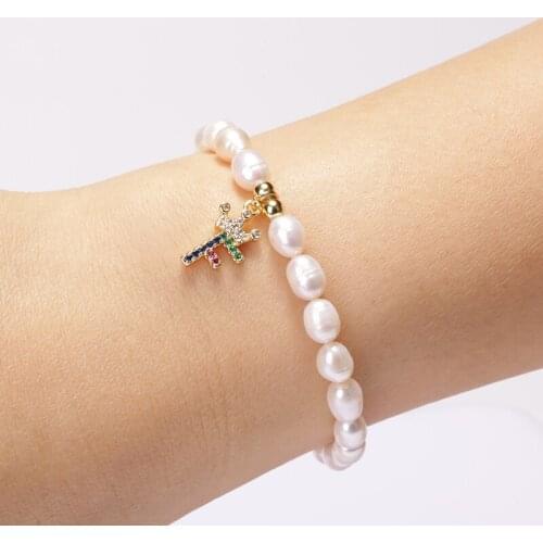 Pave color zircon crown initial 26 alphabet letter name natural freshwater pearl pendant charm bracelet for woman elegant gift