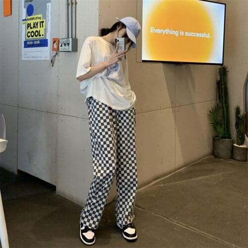 Elastic Waist Tie Retro Teens Trousers Korean Fashion Wide Leg Pants Hip-hop Streetwear Women Thin Plaid Pants Cargo Pants