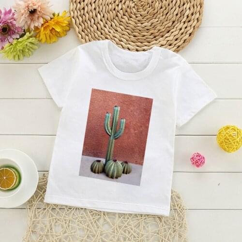 New Fashion Ins Wind Plant Girl Clothes Summer Green Cactus Boys Clothes Cute Funny Children T-shirt Crew Neck White Kids Tops