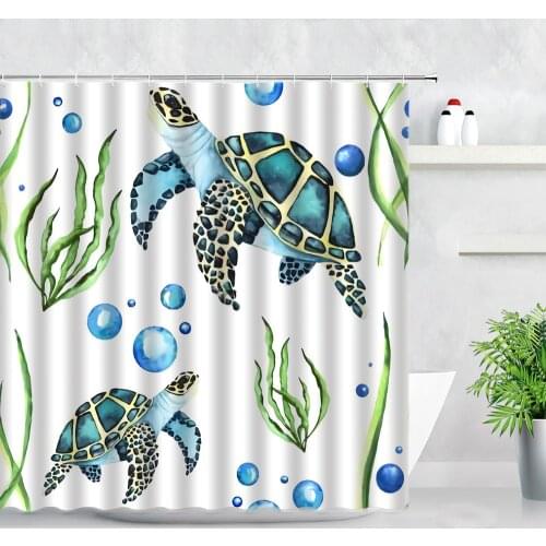 Sea Turtle Kids Shower Curtains Waterproof Fabric Screens Creative Ocean Animals Aquatic Plants Print Children Bathroom Curtain