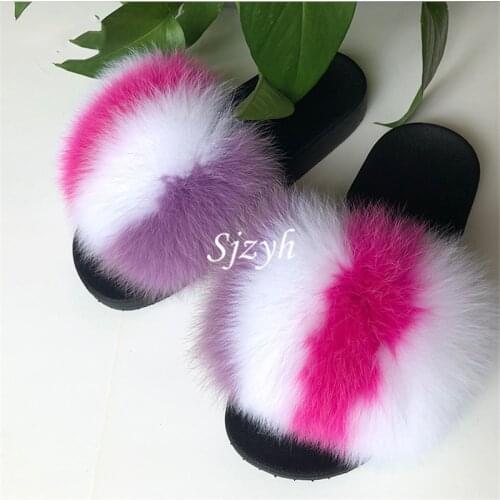 Childrens Fox Fur Slippers Luxury Fluffy Fur Slides Womens Plush Mules Shoes Kids Rainbow Furry Flip Flops Girls Fur Sandals